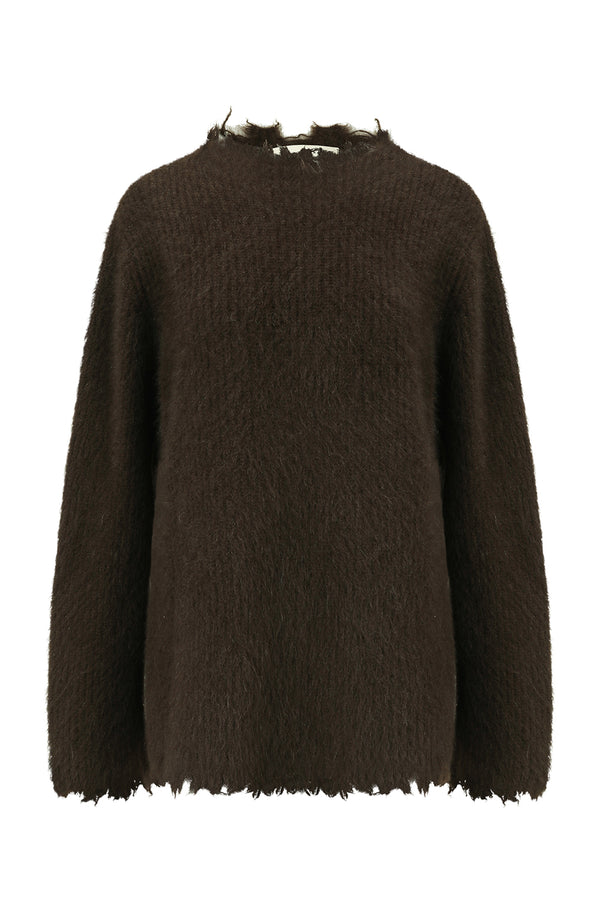SWAYING Fall/Winter 2025: Fringe-trimmed yak wool sweater SSW-SW25AW1T41C2S2-SZ, Dark Brown